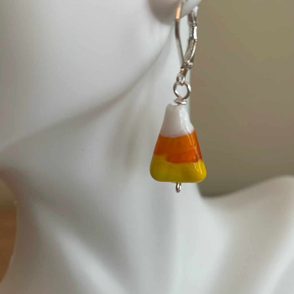 HAND CRAFTED GLASS CANDY CORN EARRINGS Yellow Orange White Halloween